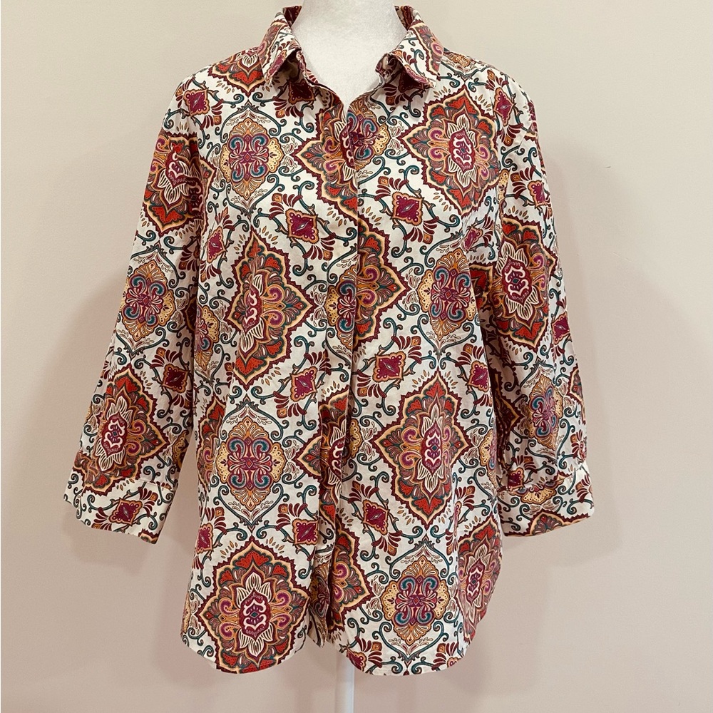 Chicos Blouse Womens Medallion Print Button-Back Shirt No Iron Chicos Size 3(16)